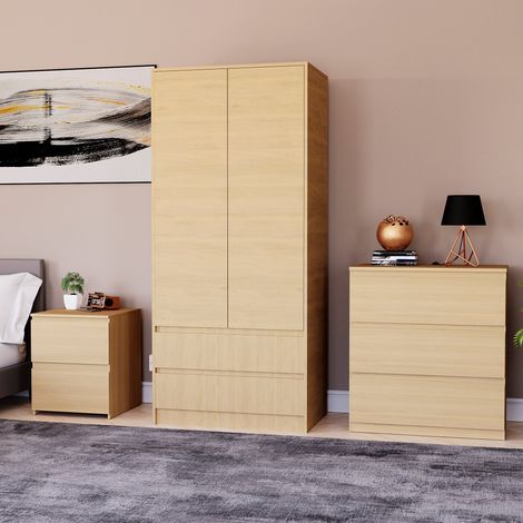 3 Piece Denver Bedroom Set, 2 Drawer Large Bedside Chest, 3 Drawer Chest, 2 Door 2 Drawer Wardrobe, Pine (1/3)