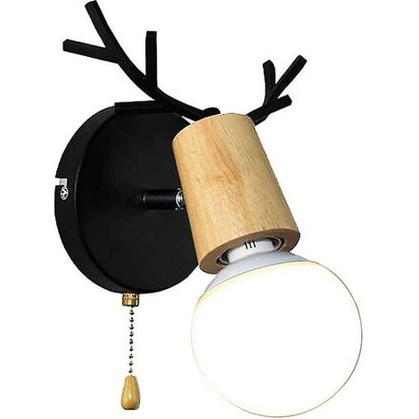 Aplique de pared de madera con forma de astas de ciervo, interruptor de cordón, casquillo E27, color negro, bombilla no incluida.
