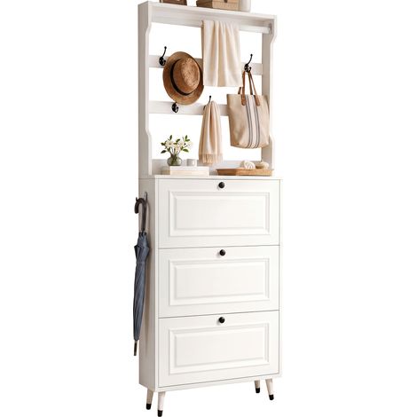 Vestiaire d’entrée avec meuble à chaussures 3 abattants, crochets et tringle, gain de place pour petite entrée, blanc, de CHICFURN (1/5)