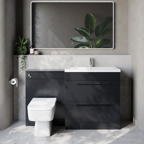 Napoli 390 Cento Gloss Grey 1400mm 2 Drawer Vanity Unit Toilet Suite with Glide Basin - 1400mm - Chrome 480mm HandleWith Kingston Toilet Pan and Seat