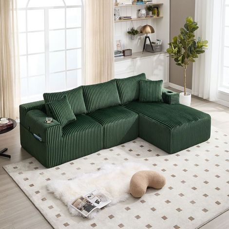 Canapé d'angle 257x160cm Modulable avec Méridienne Tissu Velours Côtelé Vert 3 Places - Porte-gobelets et Poches Latérales - Chic