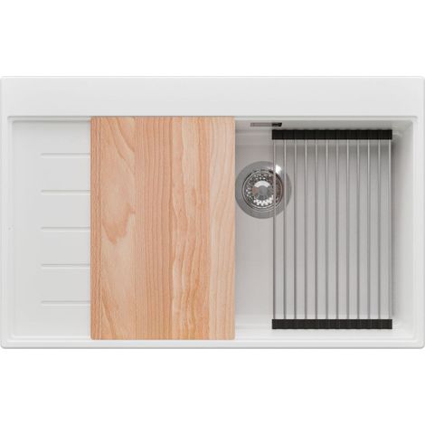 PRIMAGRAN Evier Cuisine en Granit 78x50cm,Lavabo 1 bac + Kit de Vidage + Accessoires, Évier à Encastrer au meuble 60cm - Sydney, Blanc