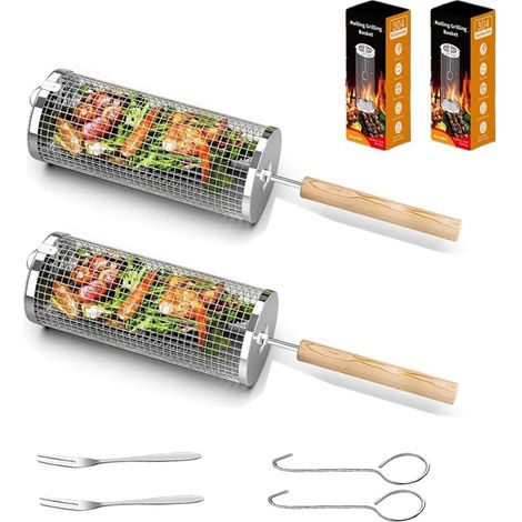 Lot de 2 paniers à barbecue d'extérieur en acier inoxydable 304 avec poignée en bois, fourchette en acier et crochet, pour barbecue au charbon de bois en camping (1/5)