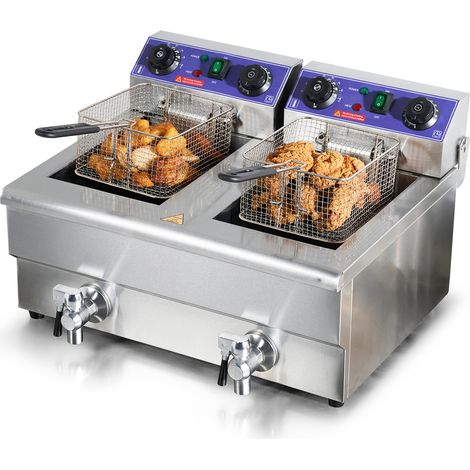 Mophorn Friggitrice Elettrica 11L Vasca Doppia Rimovibile 3000W in Acciaio Inossidabile Commerciale, Friggitrice a Olio Elettrica Temperatura Controllata 50°C - 200°C per Cucina Hotel Festa Carnevale