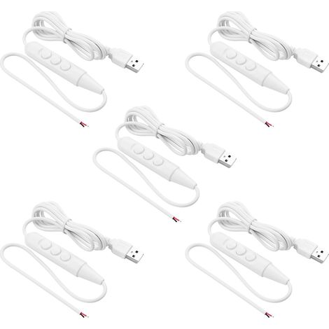 USB mâle avec interrupteur marche/arrêt aux extrémités dénudées 5 pièces USB 2.0 câble d'alimentation pour interrupteur de gradation à 6 vitesses, pour bandes LED petite lampe de table (White) (1/5)
