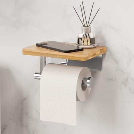 Porte Papier Toilette Adhésif avec Etagère Bambou Porte Rouleau Acier Inoxydable SUS304 Derouleur Papier Toilette Murale sans Perçage Poli, BPH220BADM (1/5)