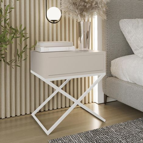 AX LIVING Nachttisch modern Aleio X 45 cm breit, beige, weißes Gestell