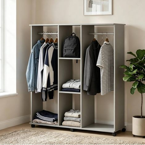 Armadio guardaroba aperto 120x40x128 cm, con 3 ripiani, 2 aste appendiabiti, ruote girevoli, alluminio e truciolato grigio (1/5)