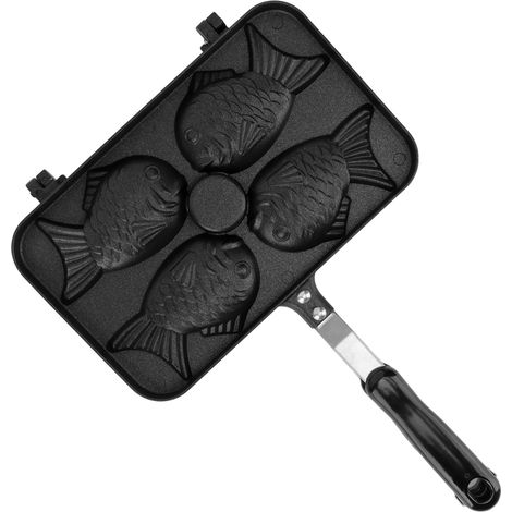 Poêle à gaufres Taiyaki 4 grilles antiadhésive double face avec poignée noire anti-brûlure en alliage d'aluminium pour la cuisine