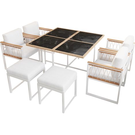 ELVMI Set Tavolo e Sedie da Giardino con 1 Tavolo, 4 Poltrone e 2 Poggiapiedi, Metallo e Rattan, Naturale e Bianco (1/4)