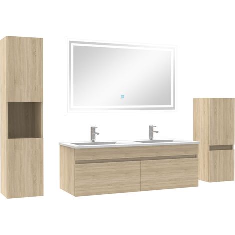 Meubles simple vasque 120cm，meuble acve colonne et miroir Chêne Wotan