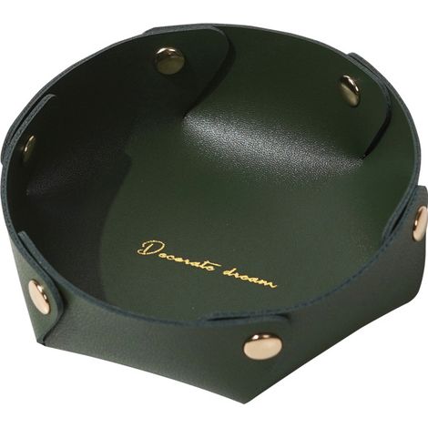 Plateau rond en cuir, plateau de rangement en cuir, plateau à bijoux en simili cuir, plateau de rangement pour pièces de monnaie pour clés, montres, fournitures de bureau, bijoux(vert foncé) (1/5)