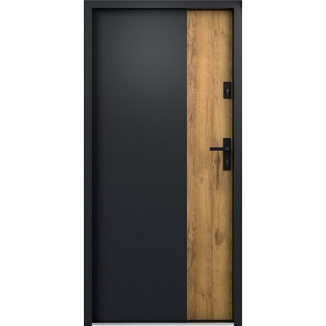 Vente-Unique – Porte d'entrée acier 207 x 100 cm – Anthracite effet chêne – Épaisseur 55 mm – Poussant gauche – 2 points de serrure