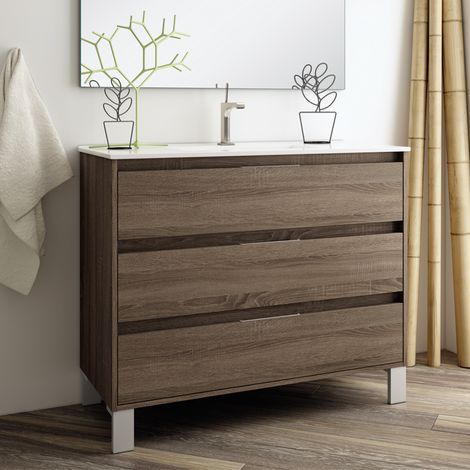 Meuble sous vasque seul, 3 tiroirs, 100cm, pour simple vasque - britannia (chêne foncé) - TIRIS
