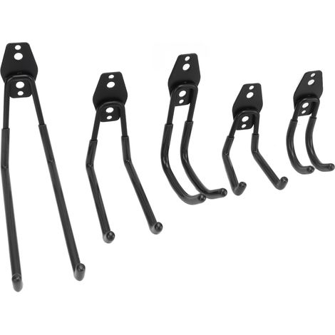 Lot de 5 crochets doubles robustes (40 kg) pour le rangement de vélos, vélos, chaises, échelles et autres objets, support mural pour garage, camping-car ou sous-sol (noir). (1/5)