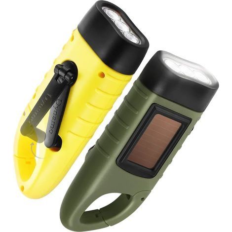 Lot de 2 lampes de poche à manivelle, lampe de poche d'urgence LED rechargeable à énergie solaire, torche dynamo de survie pour sports de plein air vert jaune (1/5)