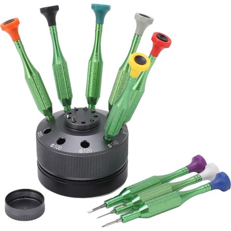 Kit de réparation de montres avec tournevis multifonctions en acier inoxydable (9 pièces) et support rotatif pour l'entretien. (1/5)