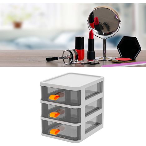 Transparente Schreibtisch-Aufbewahrungsbox, Schubladen-Aufbewahrungsbox für Bürobedarf, Datenkabel, Kosmetikartikel, weiß mit 3 Fächern (mit orangefarbenen Griffen) (1/5)