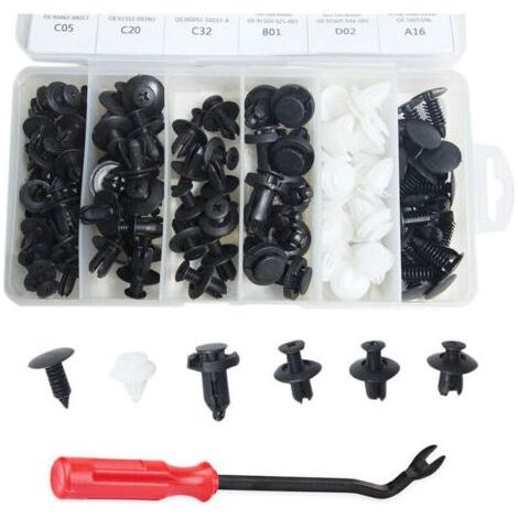 Lot de 100 clips de fixation pour carrosserie de voiture, rivets en plastique, fixations pour pare-chocs, garniture de porte, vis avec outil de démontage (1/2)