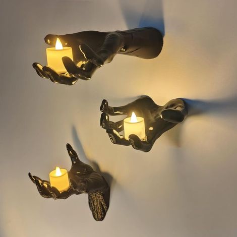 Decorazione di Halloween - 3 mani tese inquietanti da attaccare al muro con candele - mani horror a grandezza naturale - per decorazioni murali gotiche - decorazione di Halloween per interni (1/4)