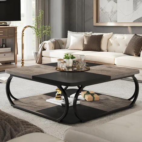 Couchtisch – 100 x 100 x 50 cm – Zweistufiges Design – Geschwungene Struktur – Beistelltisch – Für Wohnzimmer – Grau und Schwarz