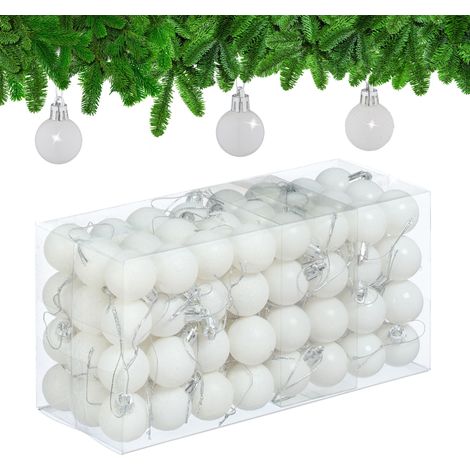 Relaxdays Palline di Natale, Set da 96 Palle Opache, Lucide, Glitterate, HxD: 4x3 cm, Addobbi Albero Natalizi, Bianco