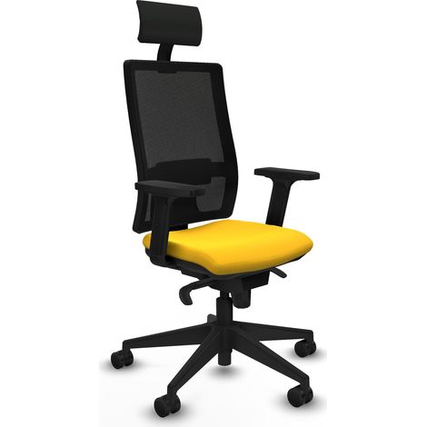 Horna sincro malla negra similpiel amarillo brazos 2D base piramidal cabecero fijo ruedas 65mm nailon (1/5)