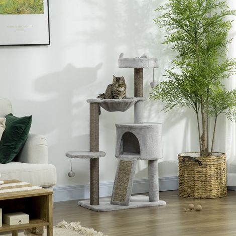 Arbre à chat Pawhut comprenant une grotte, un panier, un hamac et des jouets, 60 cm x 40 cm x 113 cm. Gris clair