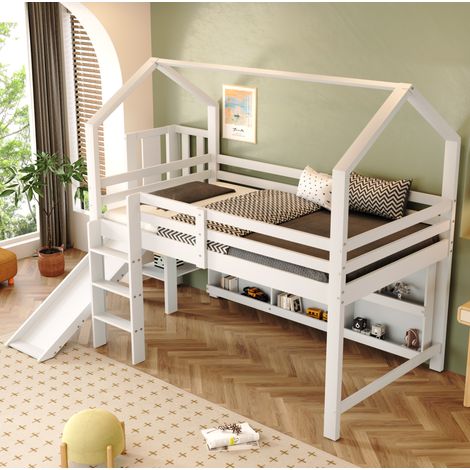Lit enfant 90x200 cm en bois et MDF blanc avec toboggan, gain de place, sans matelas – MEUBLIV (1/5)