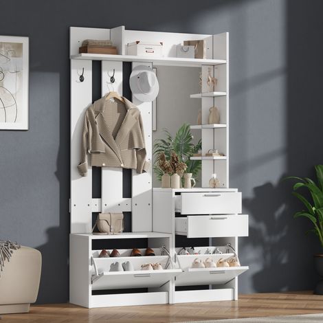 Armario recibidor 110x34x185 cm blanco en MDF con espejo, perchero, 2 cajones y 2 zapateros abatibles (1/5)
