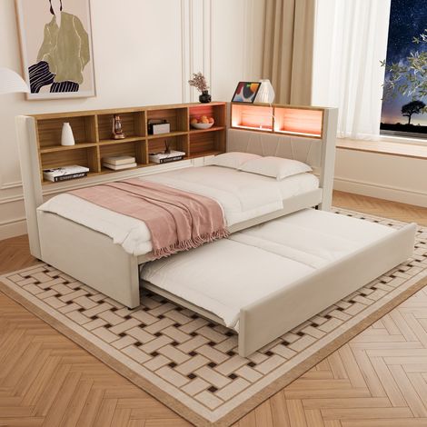 Lit banquette 90 x 200 cm avec tiroir-lit 90 x 190, led, prises et rangements, sommier à lattes, tissu beige, sans matelas (1/5)