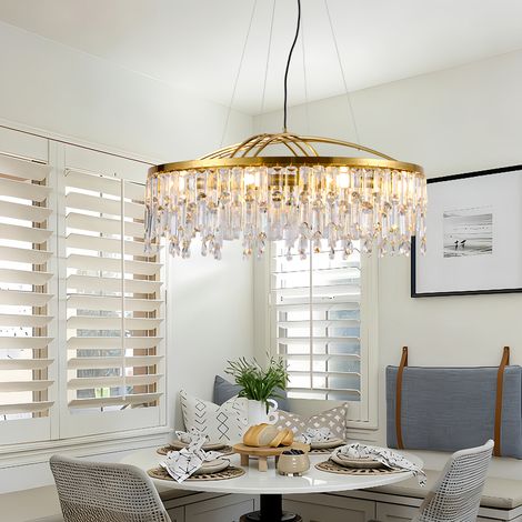 Moderne Kristall Haengeleuchte Gold 60 cm runde Pendellampe mit Kristallbehang und 8x E14 hoehenverstellbar stilvolle Deckenleuchte fuer Wohnzimmer