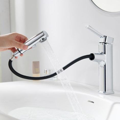 Mitigeur Salle de Bain avec Douchette Extractible, Robinet Lavabo avec 2 Modes de Pulvérisation, Robinet Lave Main Acier Inox, Mitigeur Lavabo Chromé, Chaud et Froid Réglable (1/5)