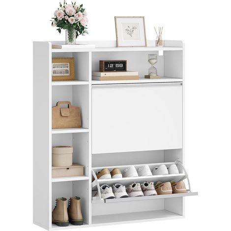 Meuble à Chaussures Entrée avec 2 Portes, Armoire à Chaussures avec 5 Compartiments de Rangement, Séparateur Réglables, 8 à 12 Paires, pour Entrée, Salon, Blanc (1/5)