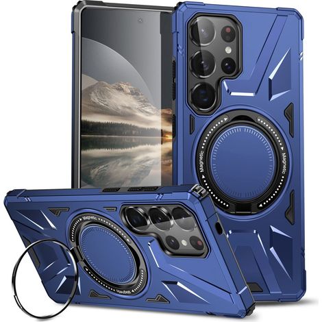 Custodia per Samsung Galaxy S25 Ultra, rinforzata con supporto e piastra per il fissaggio, blu navy (1/5)