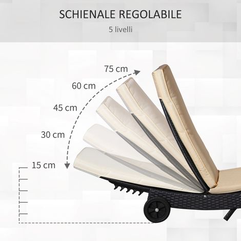 Gartenliege aus PE-Kunststoffrattan mit verstellbarer Rückenlehne und gepolstertem Kissen, 207x70x70 cm, beige.