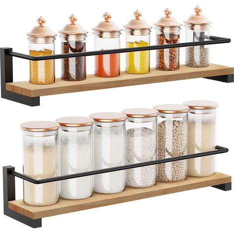 Étagère à Épices en Bois de Pin, Lot de 2, Porte-épices Murale, Étagère de Rangement de Cuisine pour Épices, Canettes, Pots, Ustensiles de Cuisine – 40 x 9 cm (1/5)