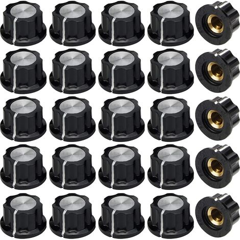 Lot de 25 Boutons de Controle de Potentiometre, Bouton de Potentiomètre 6mm, Noir Insert Boutons de Contrôle du Volume Ou Tone pour Guitare Électrique Remplacement Pièces