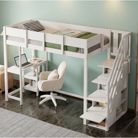 Bett Hochbett Stauraum 90x200 Holz Weiß Kinderzimmer OKMYHOME