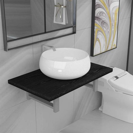 Ensemble meuble salle de bain 2 pièces, lavabo rond en céramique, étagère murale noir et blanc - PANGIVO (1/5)