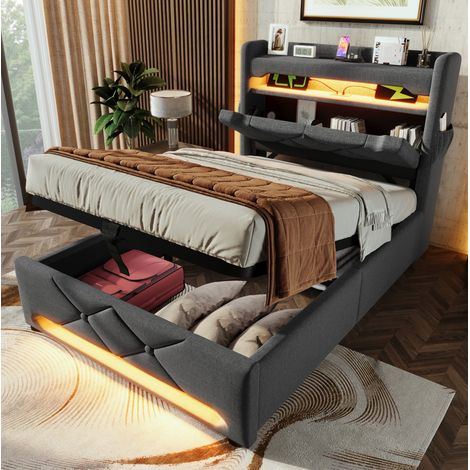 Cama tapizada 90/200 cm gris de lino con LED 360°, cabecero con carga USB-C y arcón hidráulico (1/5)