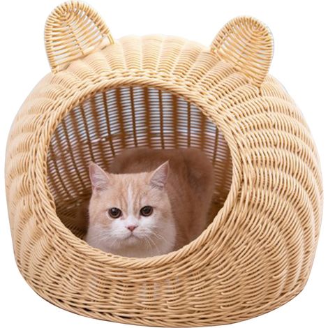 Lit pour Chat Oreille Mignonne Imité Rotin Tissé À La Main Respirant Toutes Saisons Lavable Maison Semi Fermée pour Intérieur 45x45cm / 17.7x17.7in Beige (1/5)