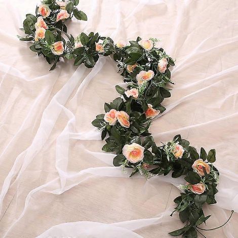 Guirlande d'eucalyptus de 200 cm avec camélias, fleurs artificielles, roses en soie, décoration florale suspendue pour mariageChampagne (1/5)