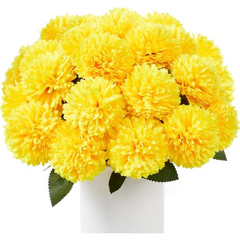 Lot de 12 fleurs artificielles jaunes comme de véritables chrysanthèmes - Fleurs artificielles jaunes - Fleurs en plastique - Vases décoratifs pour arrangements floraux, mariages, décorations (1/5)