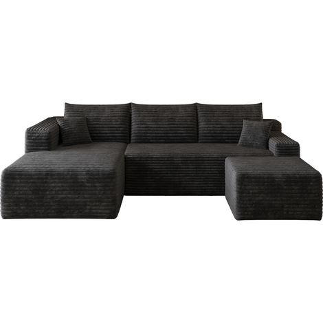 CHICFURN Canapé d'angle en tissu noir 241 cm, sofa en L modulable sans montage, assise profonde avec méridienne réversible, style minimaliste pour salon (1/5)