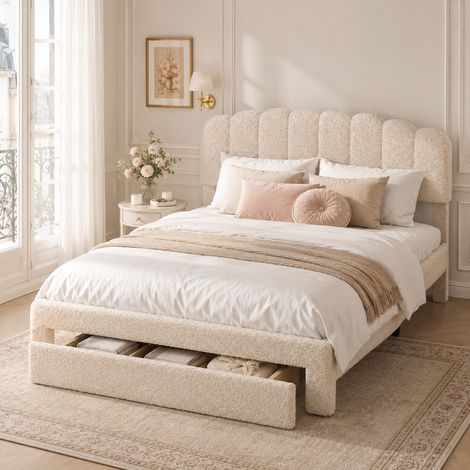 Lit adulte 160x200 avec tiroir, lit double capitonné, lit ado, tête de lit réglable en hauteur, 2 ports USB + 1 port Type-c, sommier à lattes, velours teddy, beige, chambre studio (1/5)