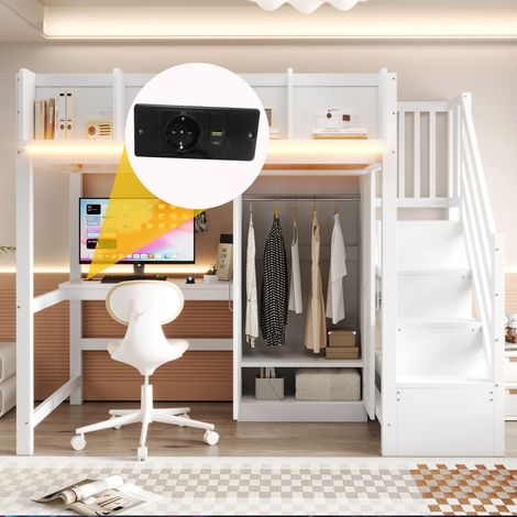Lit mezzanine 90x200 multifonction blanc bureau armoire échelle rangement LED prises barrière sécurisée étagère (sans Matelas) (1/5)
