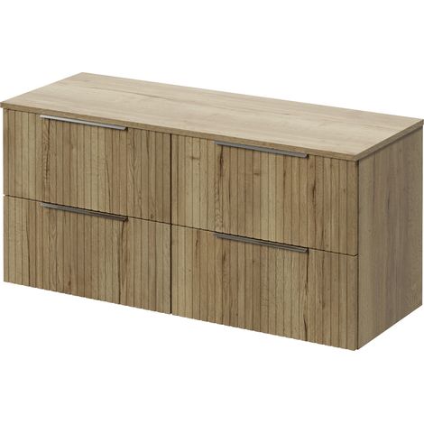 Helix 460 Fluted Autumn Oak 1200mm Wall Mounted 4 Drawer Vanity Unit for Countertop Basins
