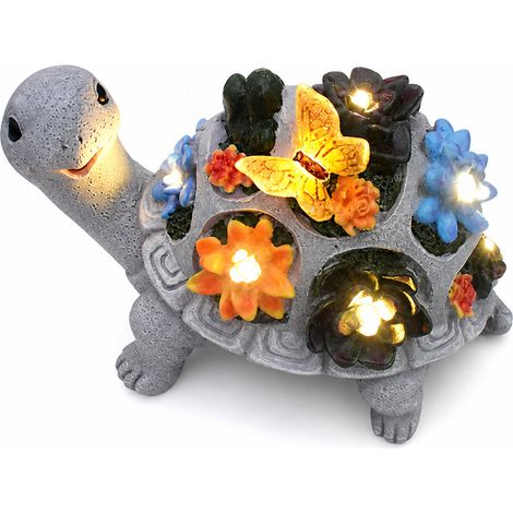 Lampe Solaire de Jardin en Résine, Tortue avec Succulentes et Papillon, Décoration Extérieure Imperméable (1/5)
