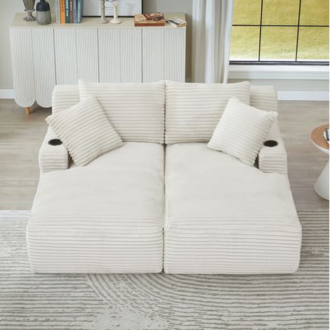 Canapé double chaise longue beige en velours côtelé, pour salon, sans montage – MEUBLIV (1/5)